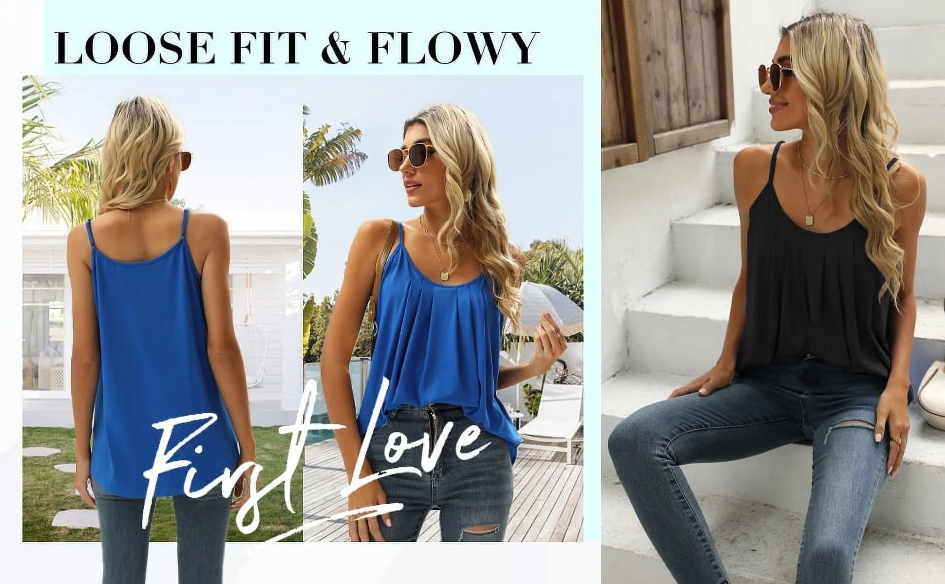 Petmoko Summer Beach Tank Tops for Women Pleated Adjustable Strap Camisole Loose Fit Casual Sleeveless Black XL