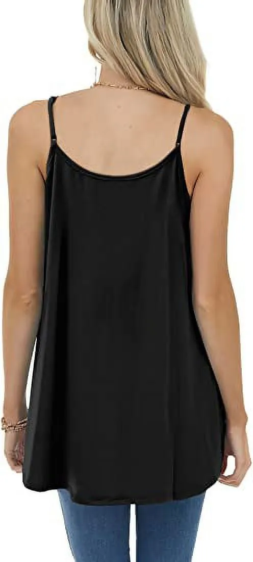 Petmoko Summer Beach Tank Tops for Women Pleated Adjustable Strap Camisole Loose Fit Casual Sleeveless Black XL