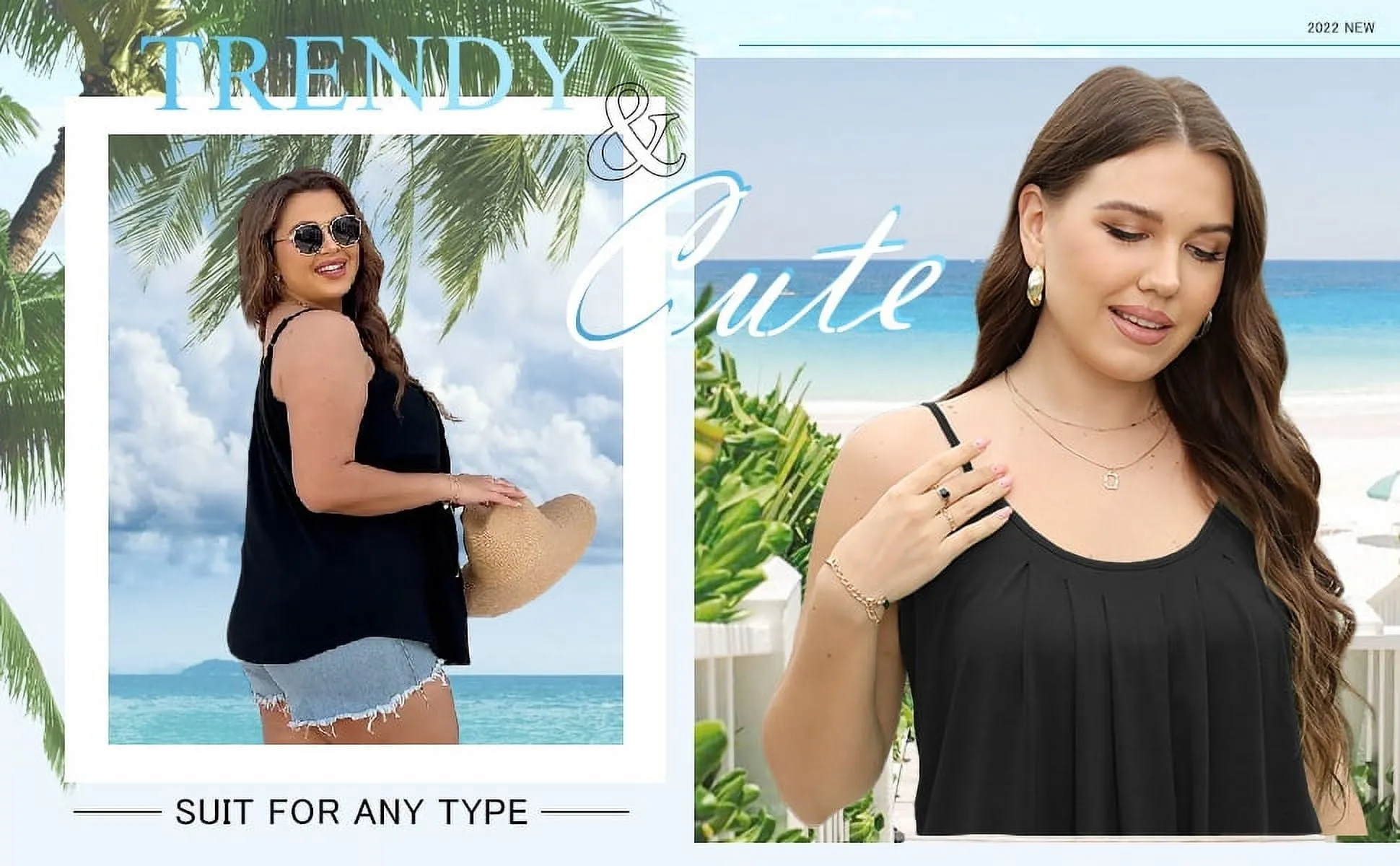Petmoko Summer Beach Tank Tops for Women Pleated Adjustable Strap Camisole Loose Fit Casual Sleeveless Black XL