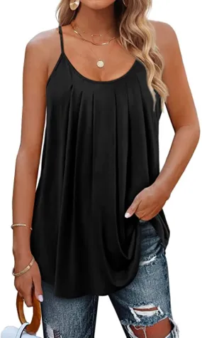 Petmoko Summer Beach Tank Tops for Women Pleated Adjustable Strap Camisole Loose Fit Casual Sleeveless Black XL