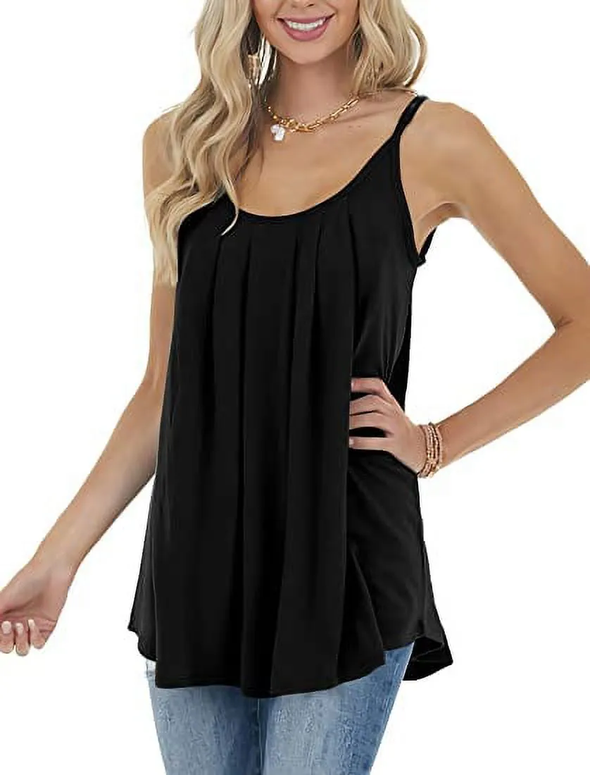 Petmoko Summer Beach Tank Tops for Women Pleated Adjustable Strap Camisole Loose Fit Casual Sleeveless Black XL