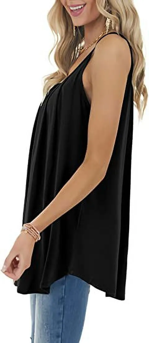 Petmoko Summer Beach Tank Tops for Women Pleated Adjustable Strap Camisole Loose Fit Casual Sleeveless Black XL