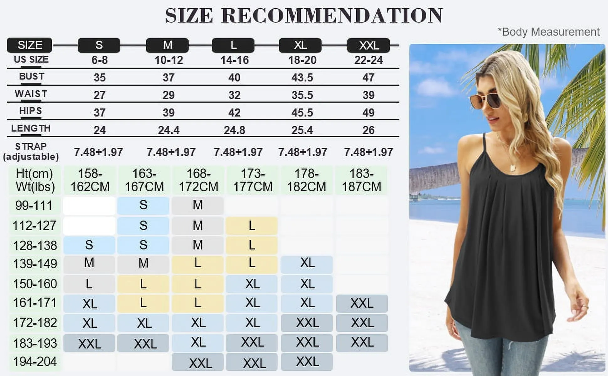 Petmoko Summer Beach Tank Tops for Women Pleated Adjustable Strap Camisole Loose Fit Casual Sleeveless Black XL