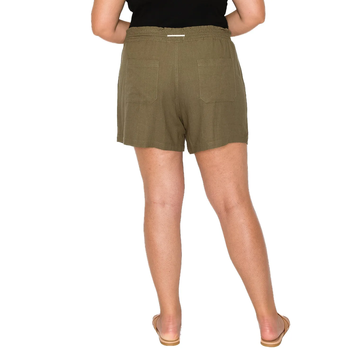 [Plus Size] Drawstring Linen Shorts - Olive