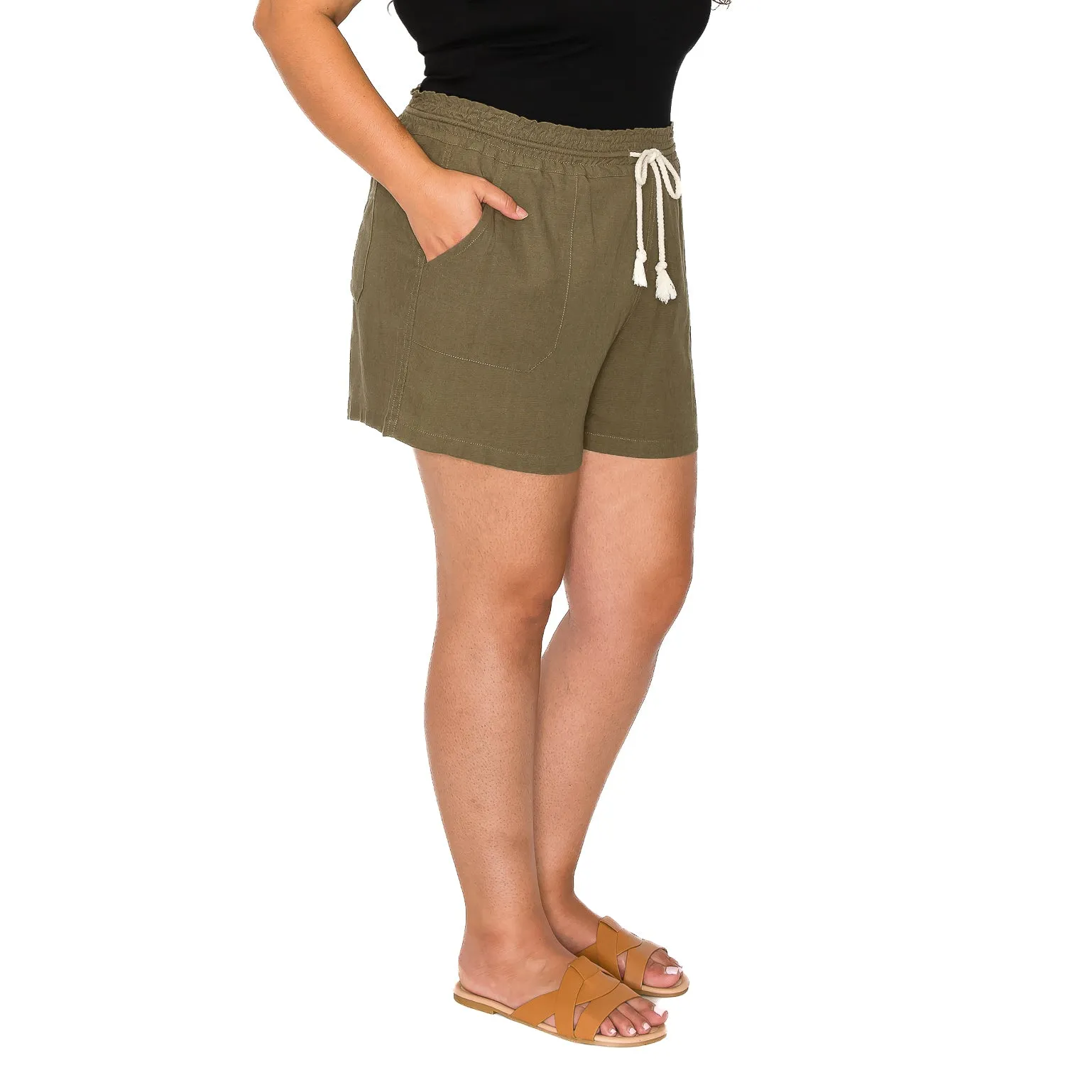 [Plus Size] Drawstring Linen Shorts - Olive