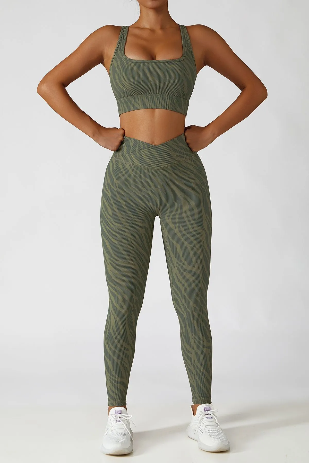 Ribbed Printed Racerback Sports Bra
