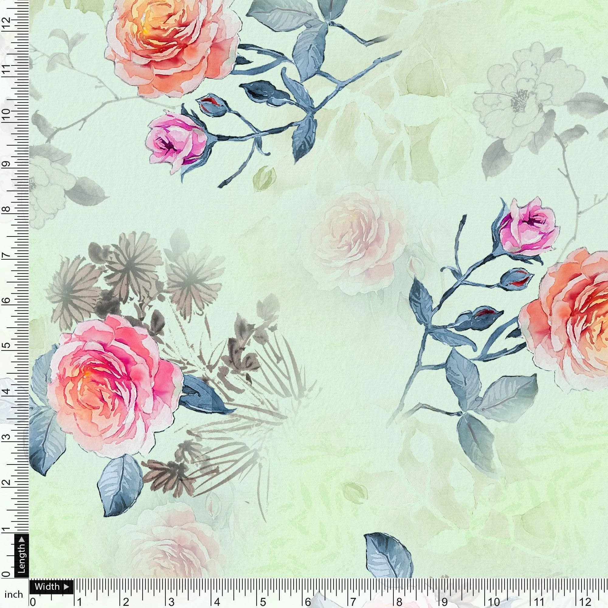 Roses Floating on Pista Base Digital Printed Fabric