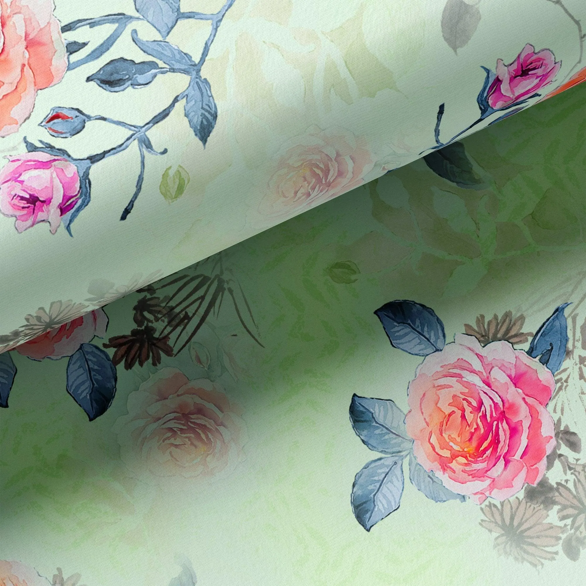 Roses Floating on Pista Base Digital Printed Fabric