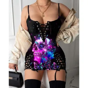 Skull Butterfly Purple Gothic Eyelet Lace-up Letter Dress