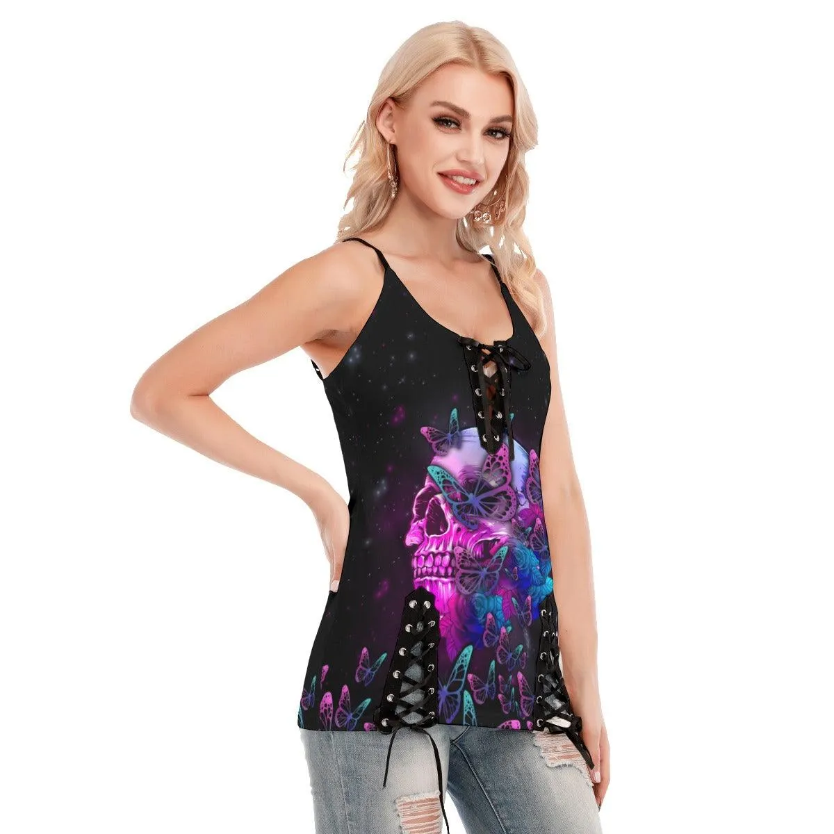 Skull Butterfly Purple Gothic Eyelet Lace-up Letter Dress