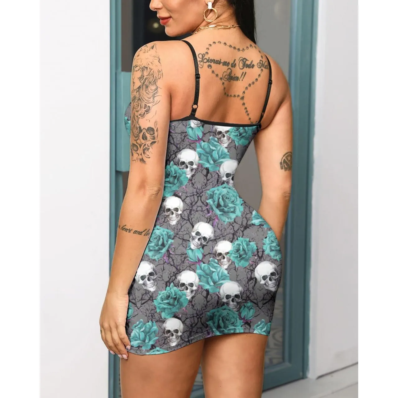 Skull Green Rose Eyelet Lace-up Dress, Sexy Body Tight Vestido For Women