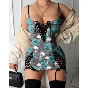 Skull Green Rose Eyelet Lace-up Dress, Sexy Body Tight Vestido For Women