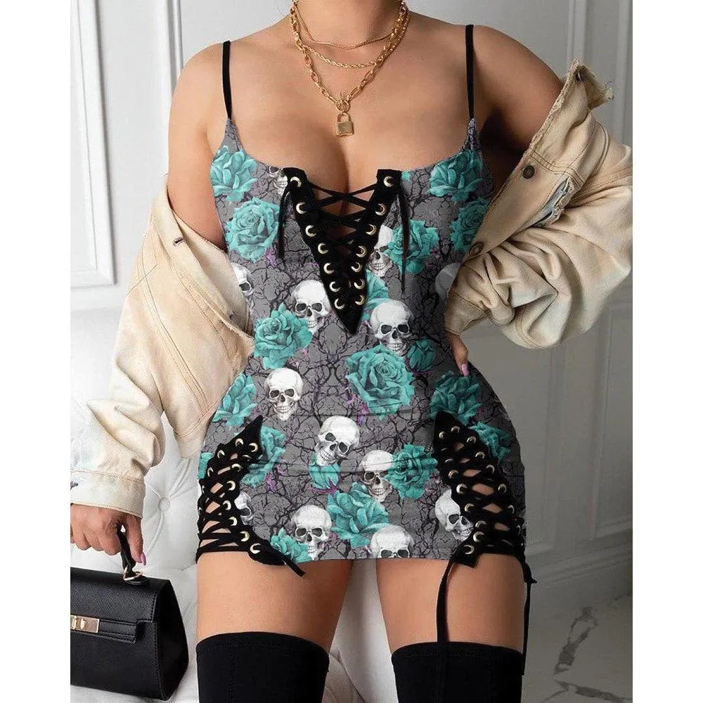 Skull Green Rose Eyelet Lace-up Dress, Sexy Body Tight Vestido For Women