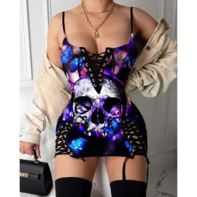 Skull Purple Butterfly Gothic Eyelet Lace-up Letter Dress