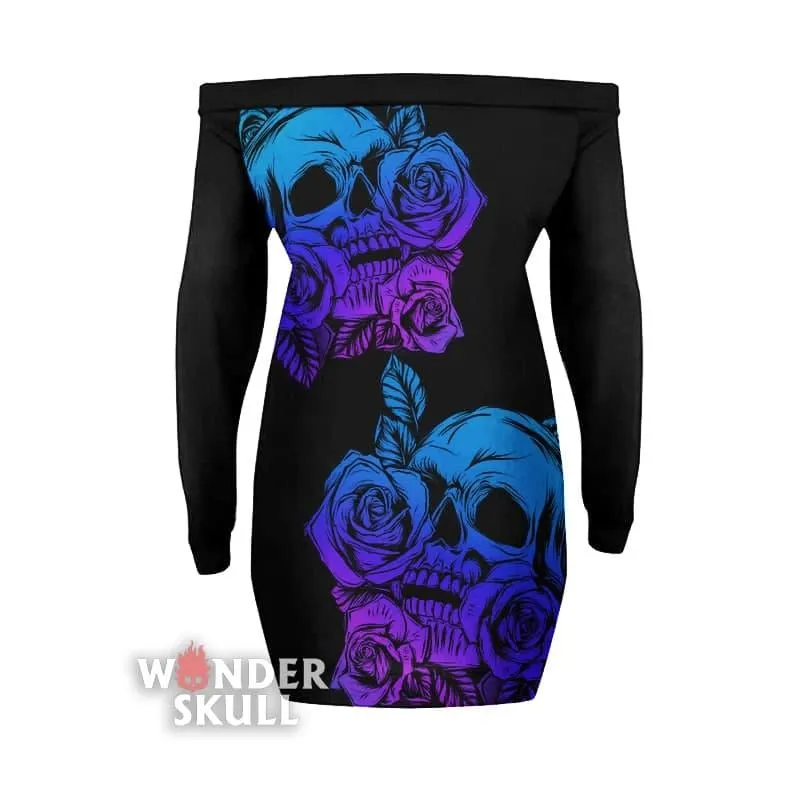 Skull Rose 2 Side Sexy Lace Up Deep V-Neck Off Shoulder Long Sleeve Dress