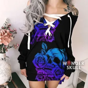 Skull Rose 2 Side Sexy Lace Up Deep V-Neck Off Shoulder Long Sleeve Dress