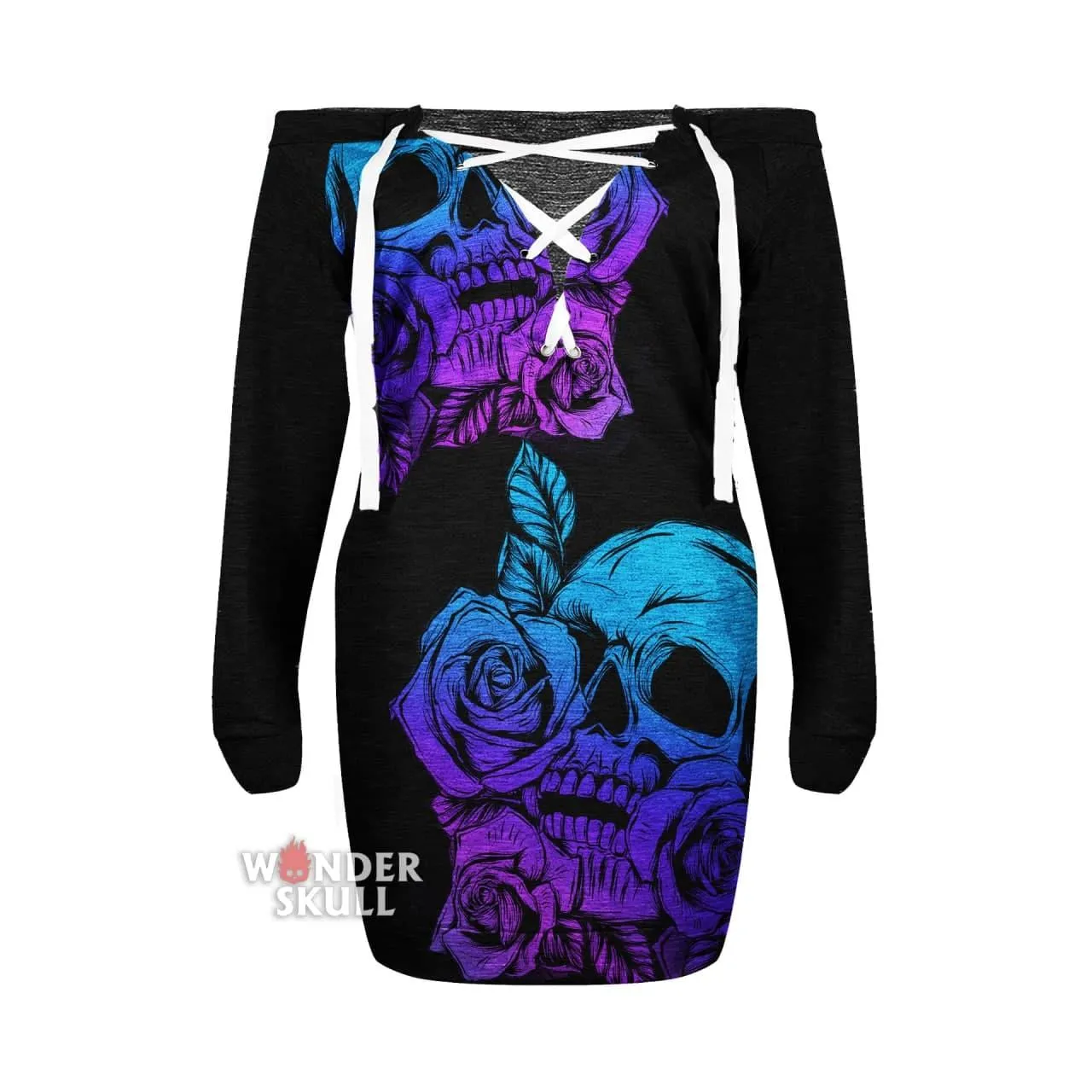 Skull Rose 2 Side Sexy Lace Up Deep V-Neck Off Shoulder Long Sleeve Dress