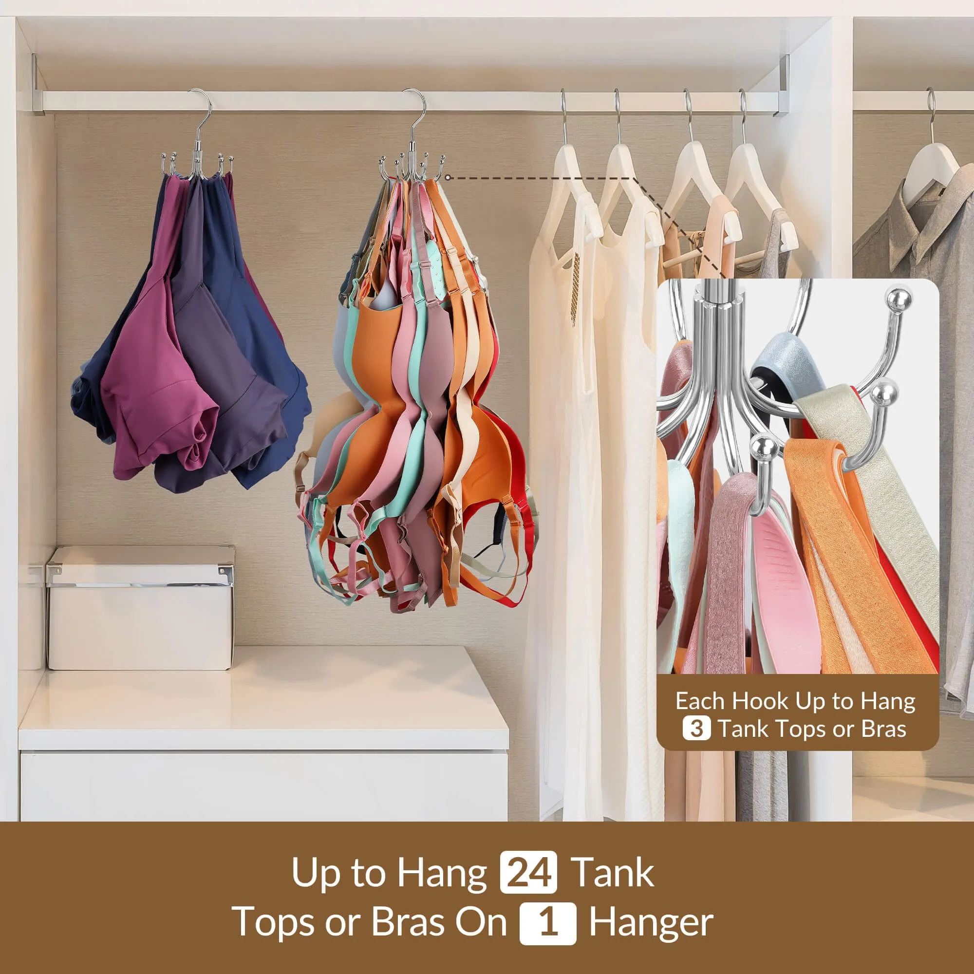 Tank Top Hanger, Rotatable Bra Organzier for Closet, Max 24 Storage Capacity Sport Bra Holder, Metal Space Saving Closet Organizers and Storage, Silver
