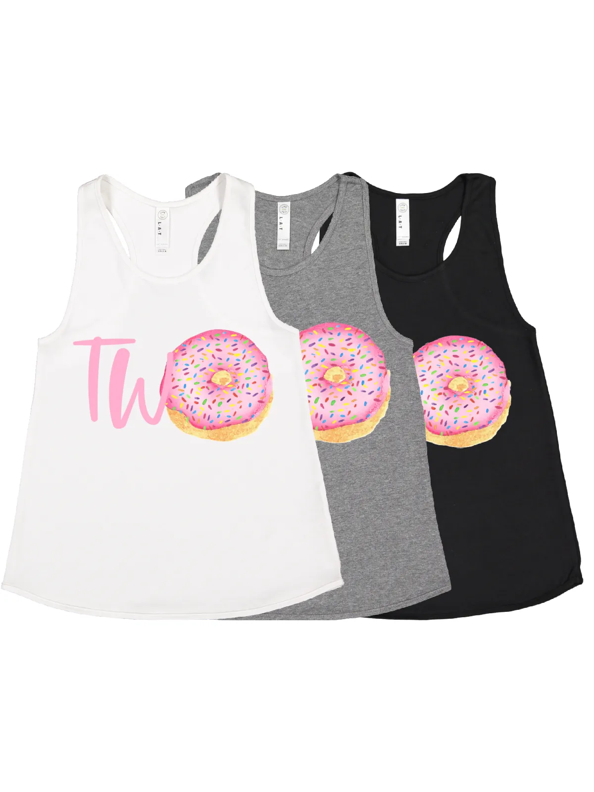 TWO Pink Sprinkles Donut Racerback Tank - White, Black, & Gray
