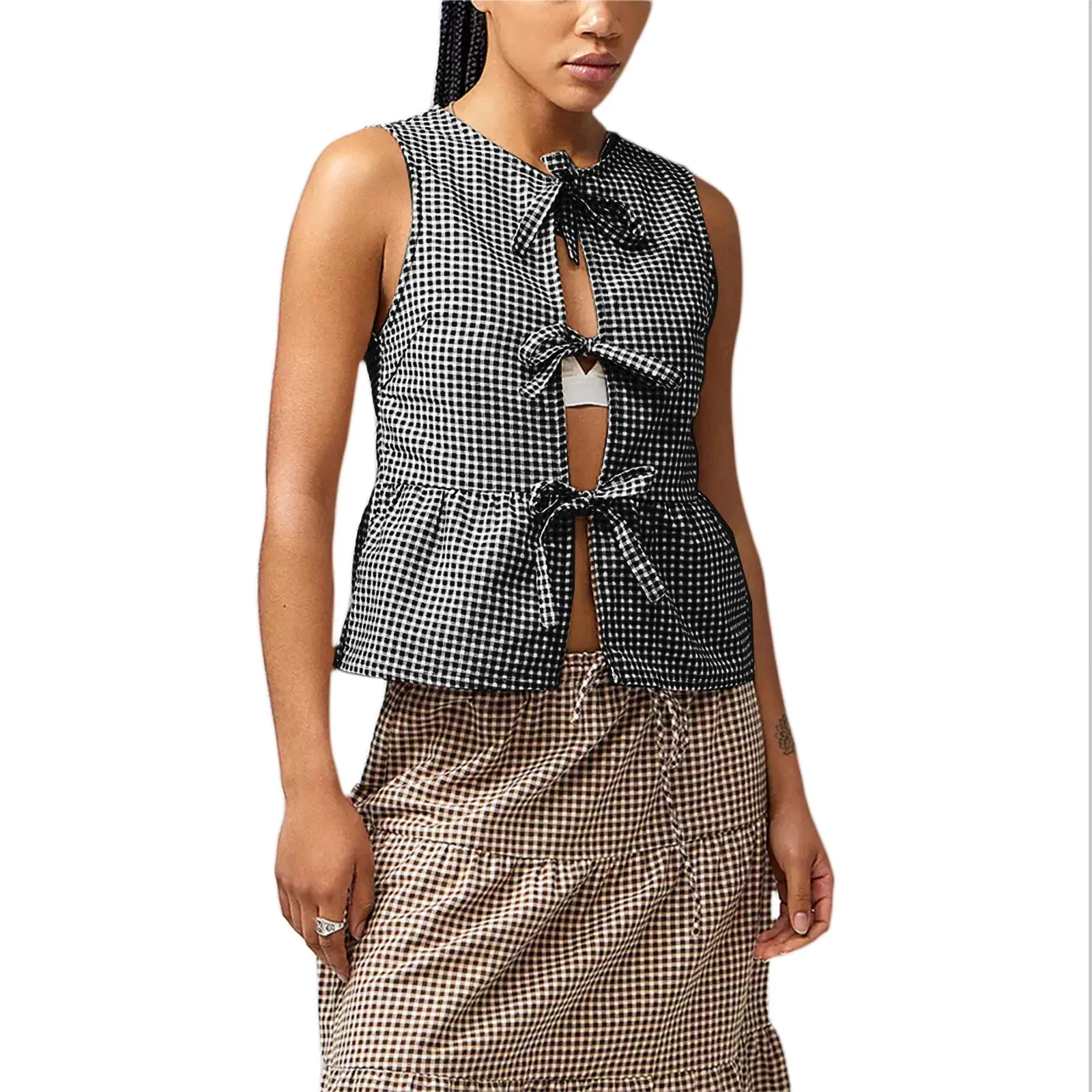 Wjczt Kayvata Top in Mini Gingham Brown