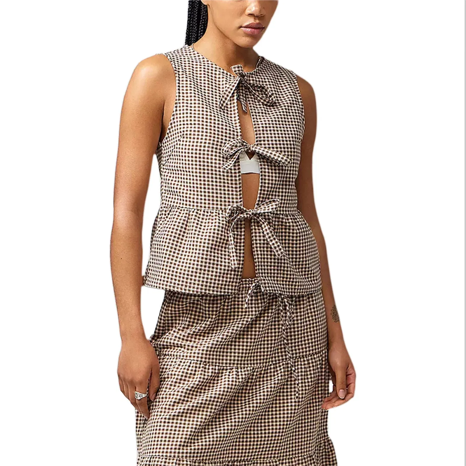 Wjczt Kayvata Top in Mini Gingham Brown