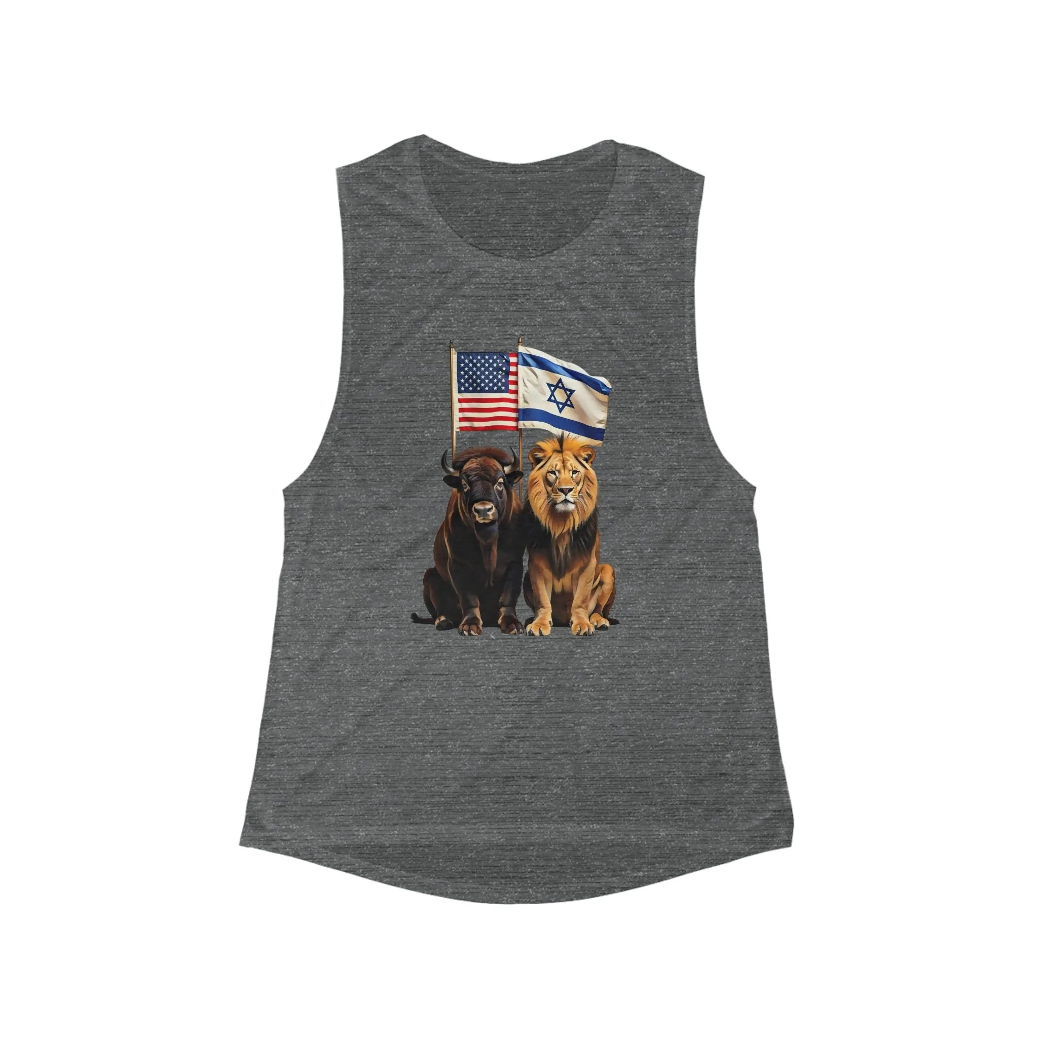 Women's Flowy Scoop Muscle Tank - Unity of Strength, Bison Lion Israel America Flags