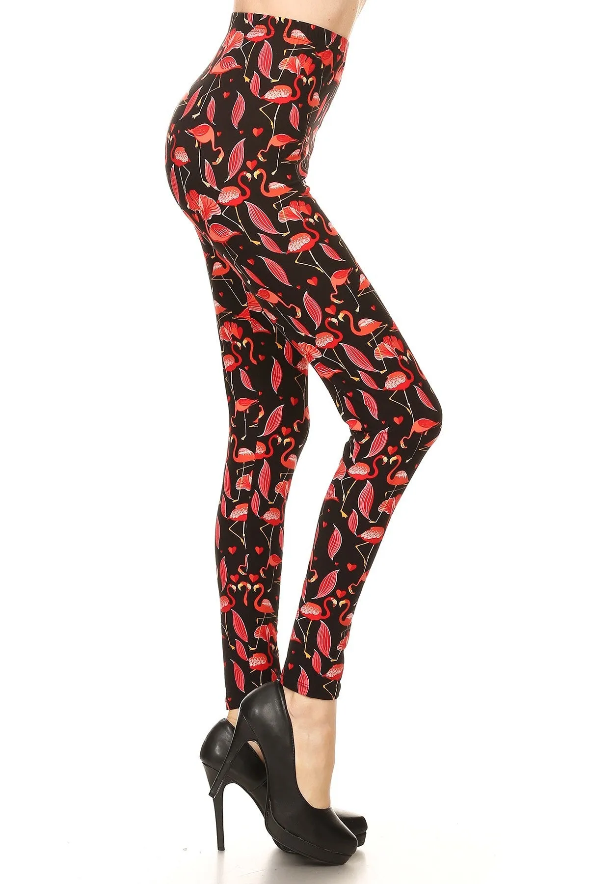 Women's Regular Flamingo Bird Pattern Printed Leggings - Black Pink