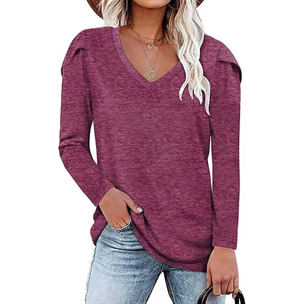 Women's T-Shirt V-Neck Petal Sleeve Casual Loose Tops