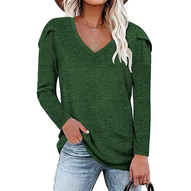 Women's T-Shirt V-Neck Petal Sleeve Casual Loose Tops