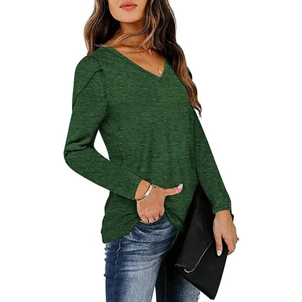 Women's T-Shirt V-Neck Petal Sleeve Casual Loose Tops