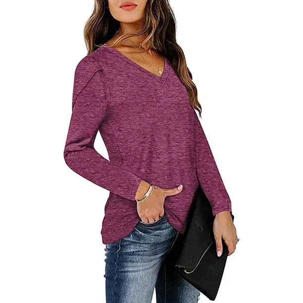 Women's T-Shirt V-Neck Petal Sleeve Casual Loose Tops