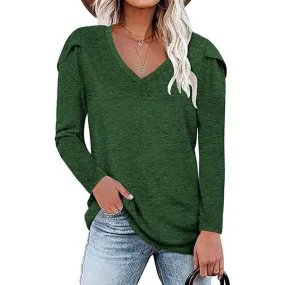 Women's T-Shirt V-Neck Petal Sleeve Casual Loose Tops