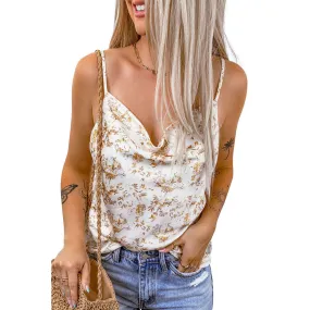 YESFASHION Floral Printed Tank Elegant V Neck Satin Sleeveless Tops