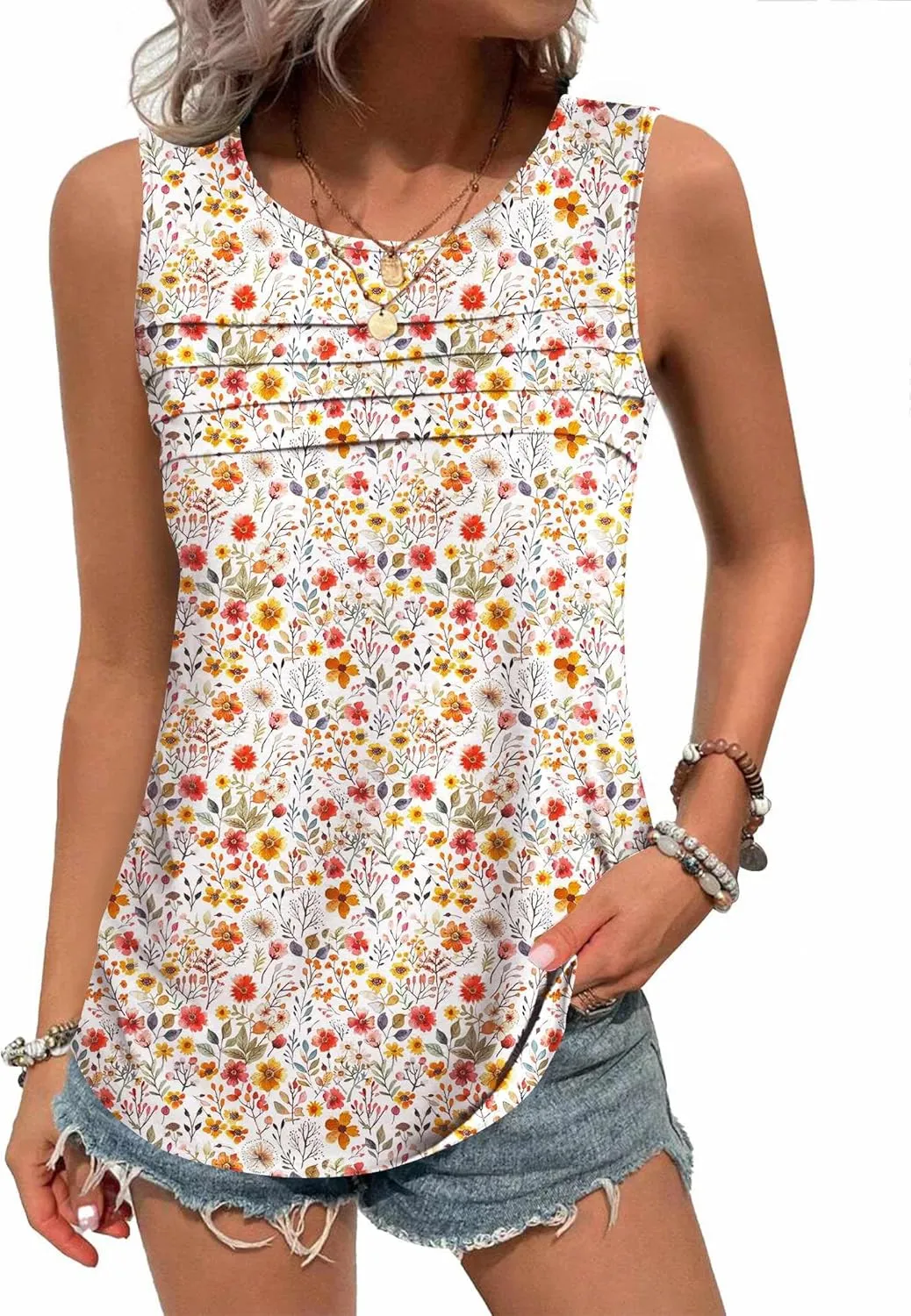 Zeagoo Tank Top Blouses Scooped Neck Pleated Front Shirts